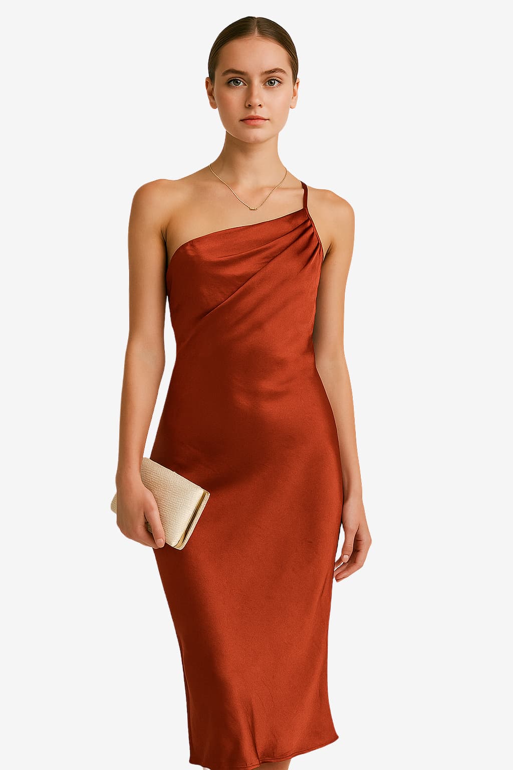 Women's One-Shoulder Midi Dress in Emerald Satin