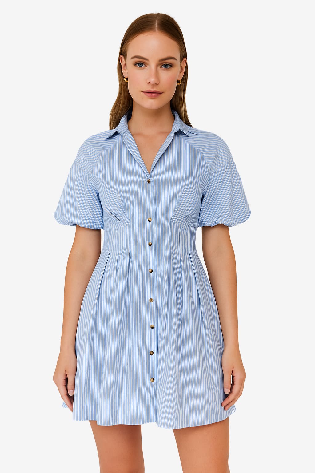 Women's Blue Striped Short Sleeve Fitted Shirt Mini Dress