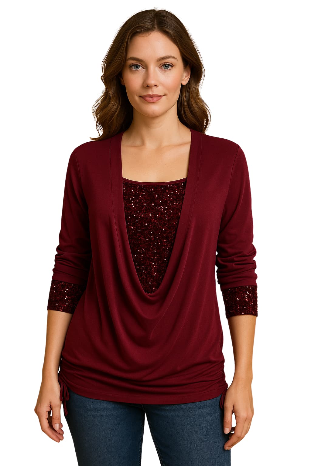 Women's Elegant Sleeve Draped Neckline Sequin Blouse
