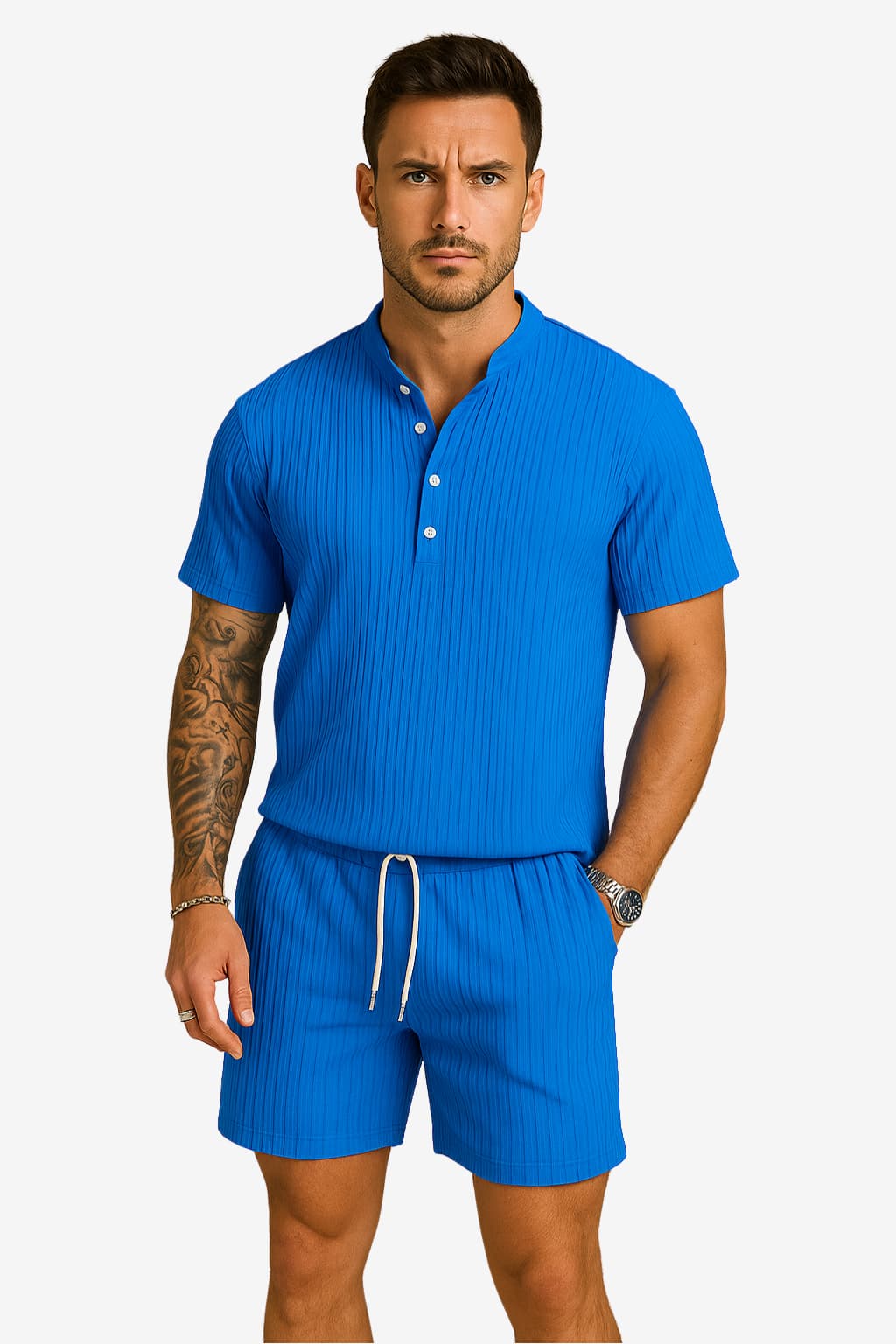 Men’s Ribbed Polo Shirt and Shorts Set Summer Casual