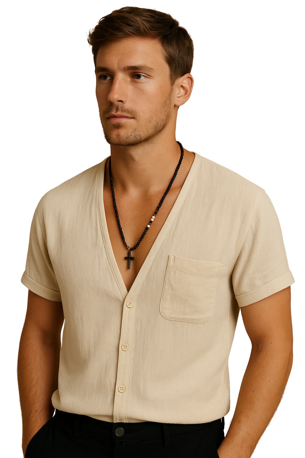 Men’s Linen Blend V-Neck Short Sleeve Summer Shirt