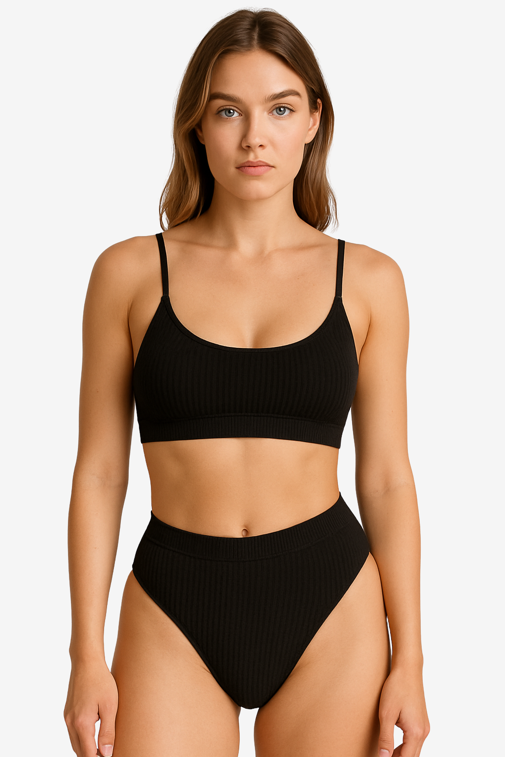 Women’s Ribbed Bikini Set with High-Waisted Bottoms