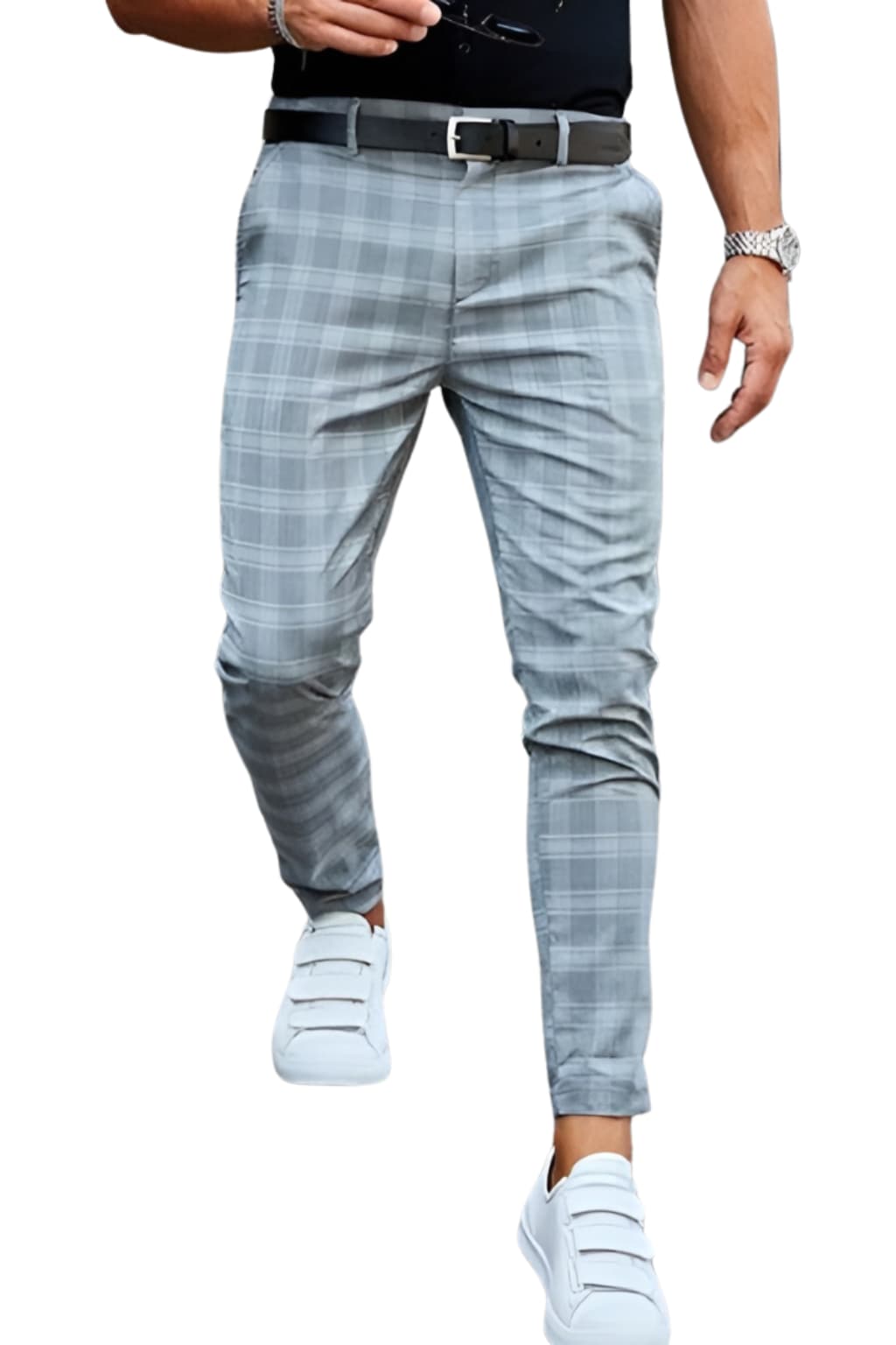 Men's Slim Fit Plaid Ankle Trousers - Smart Casual Woven Fabric