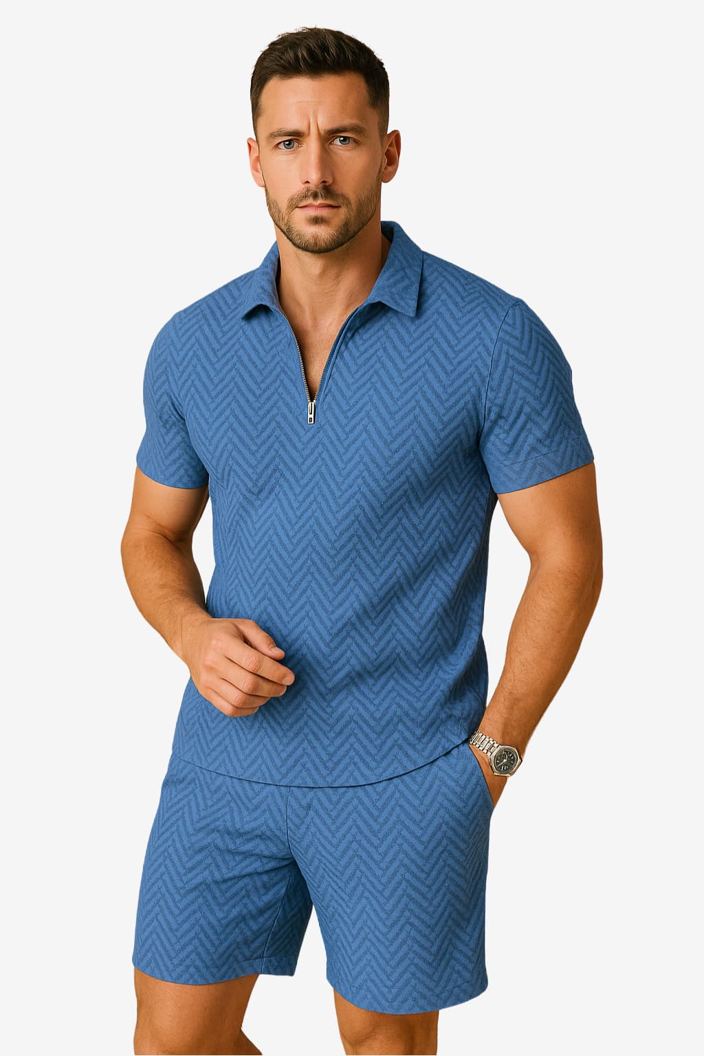 Men’s Summer Short Set Zip-Up Top Geometric Print
