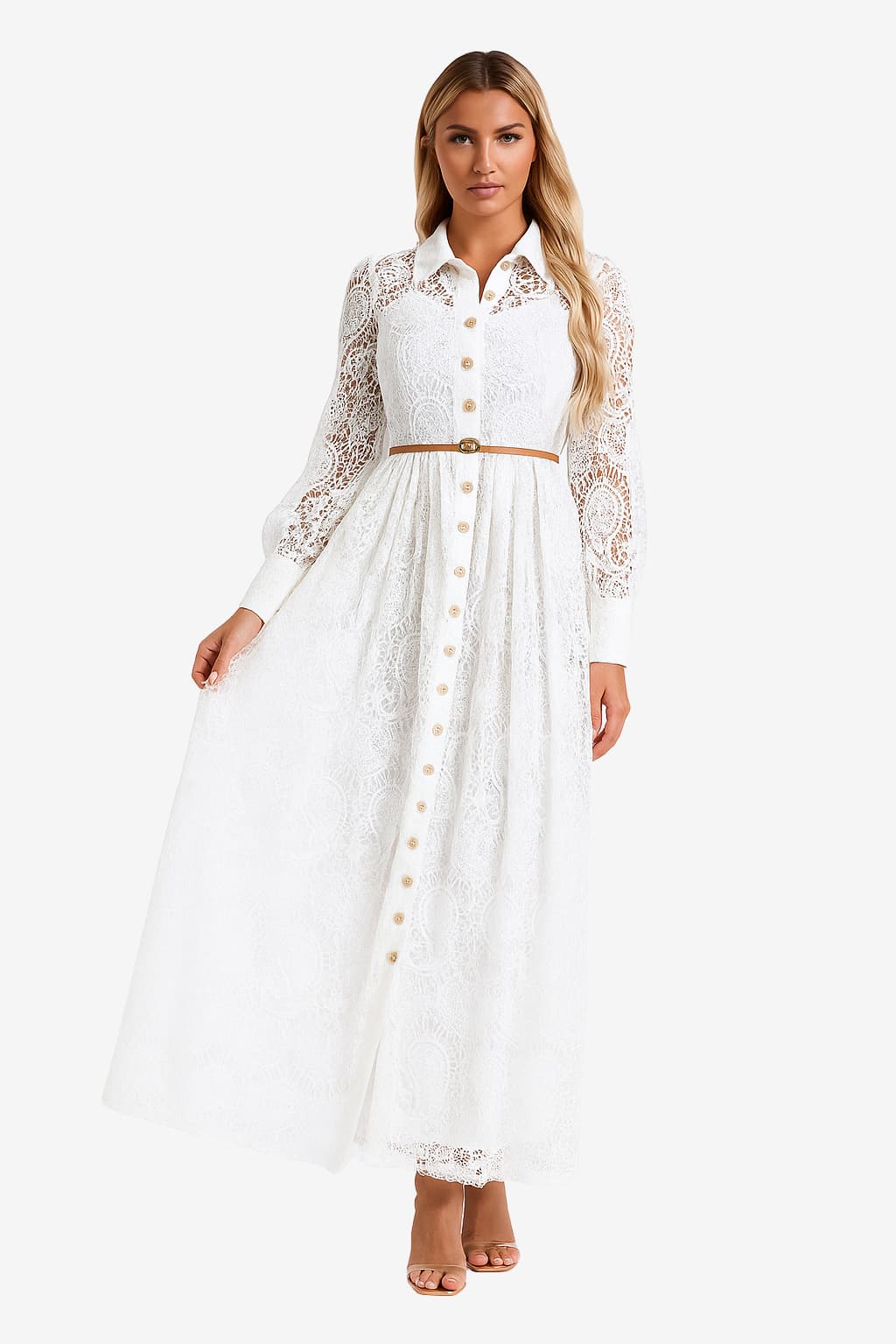 Women’s Long Lace Maxi Dress with Sleeves and Belt
