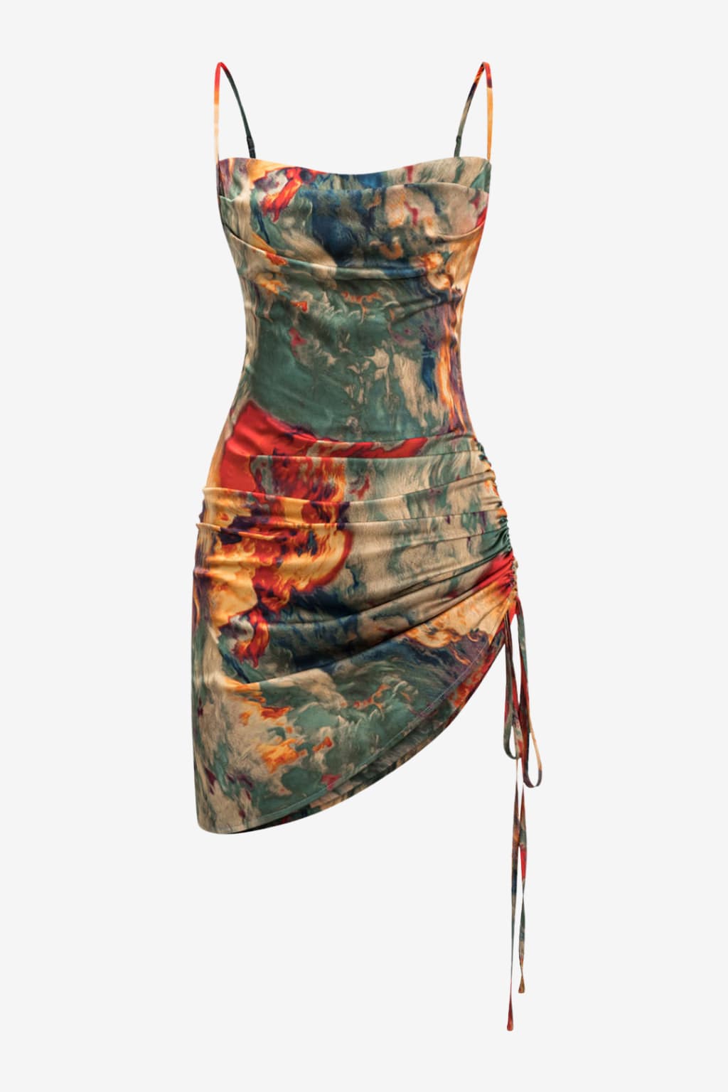 Women’s Ruched Satin Mini Dress Watercolour Print Slip