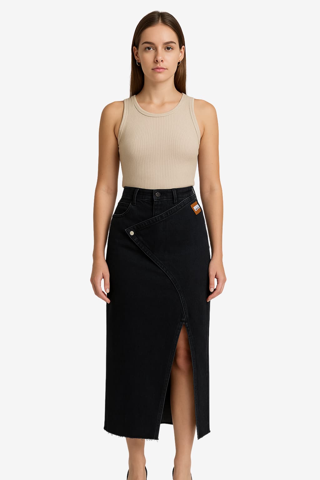Women's Denim Wrap Midi Skirt with Front Slit
