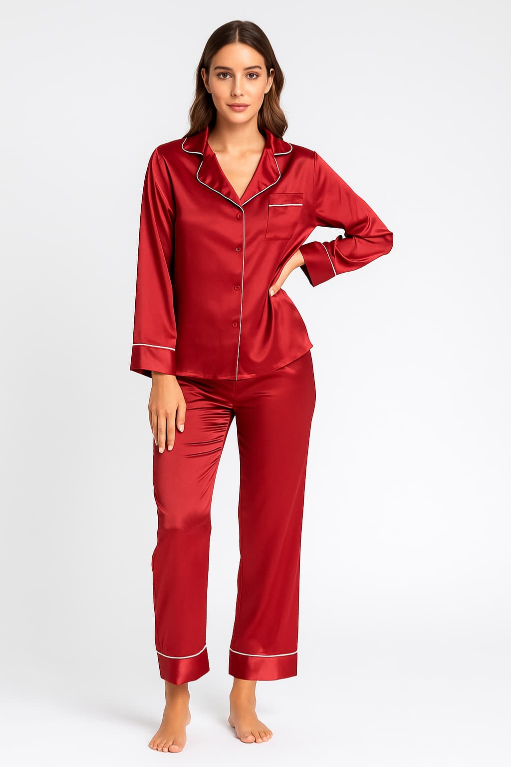 Women's Satin Long-Sleeve Pyjama Set with Piping