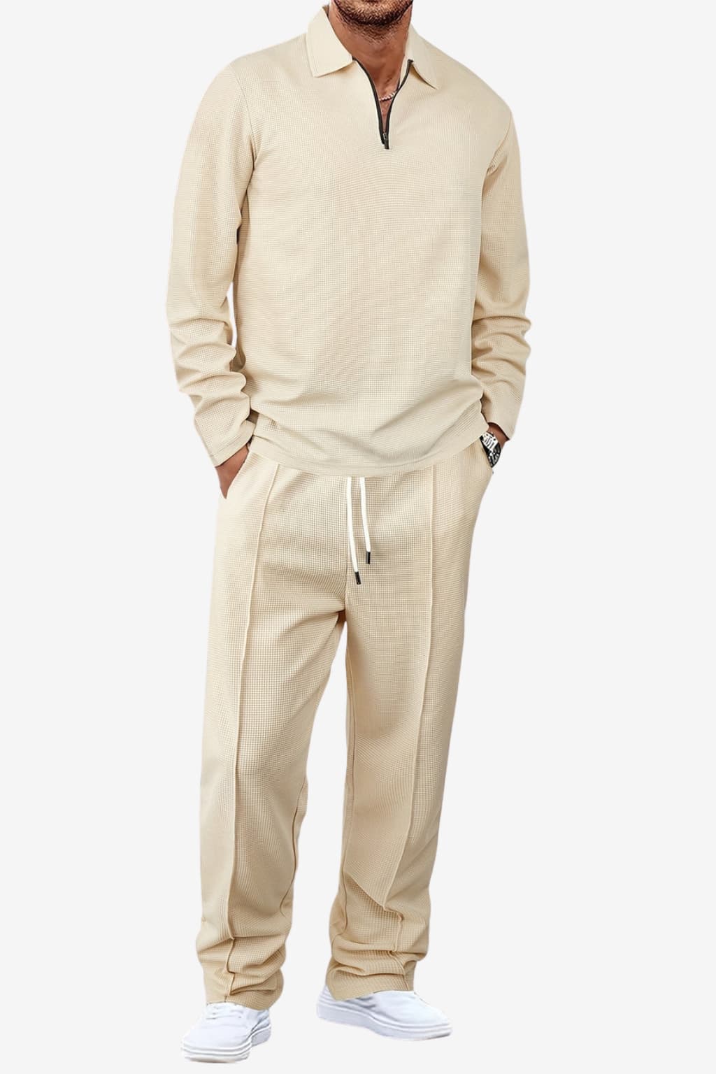 Men's Beige 2-Piece Knit Set - Long-Sleeve Sweater &amp; Drawstring Trousers