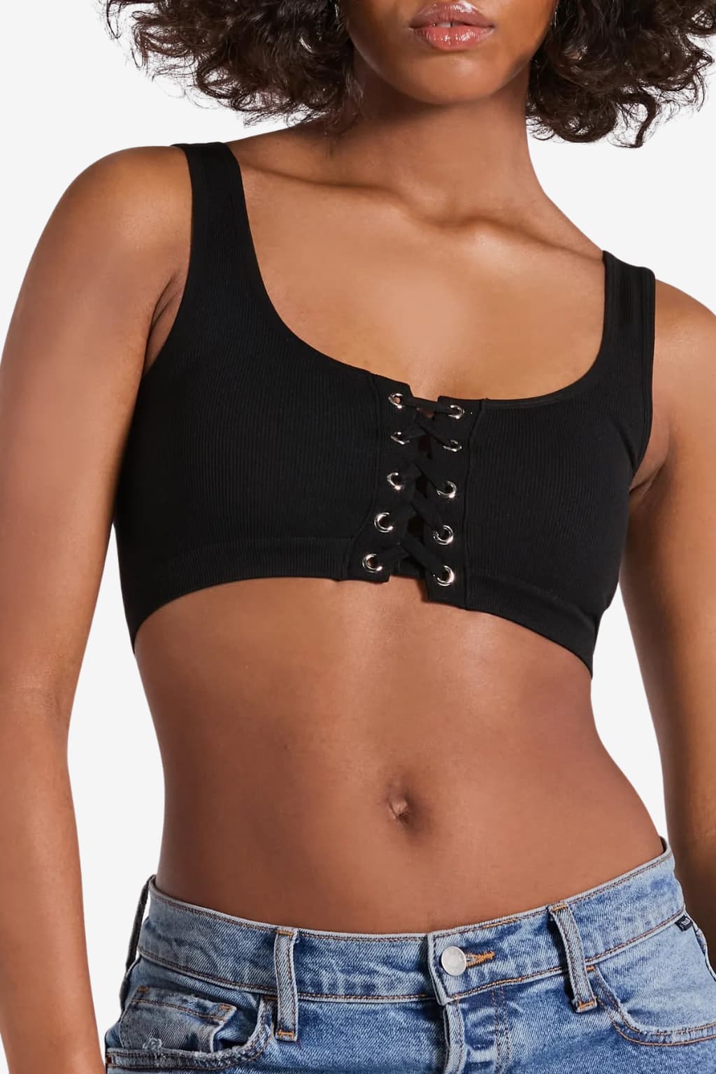 Women’s Sleeveless Crop Top Lace-Up Front Ribbed Fit