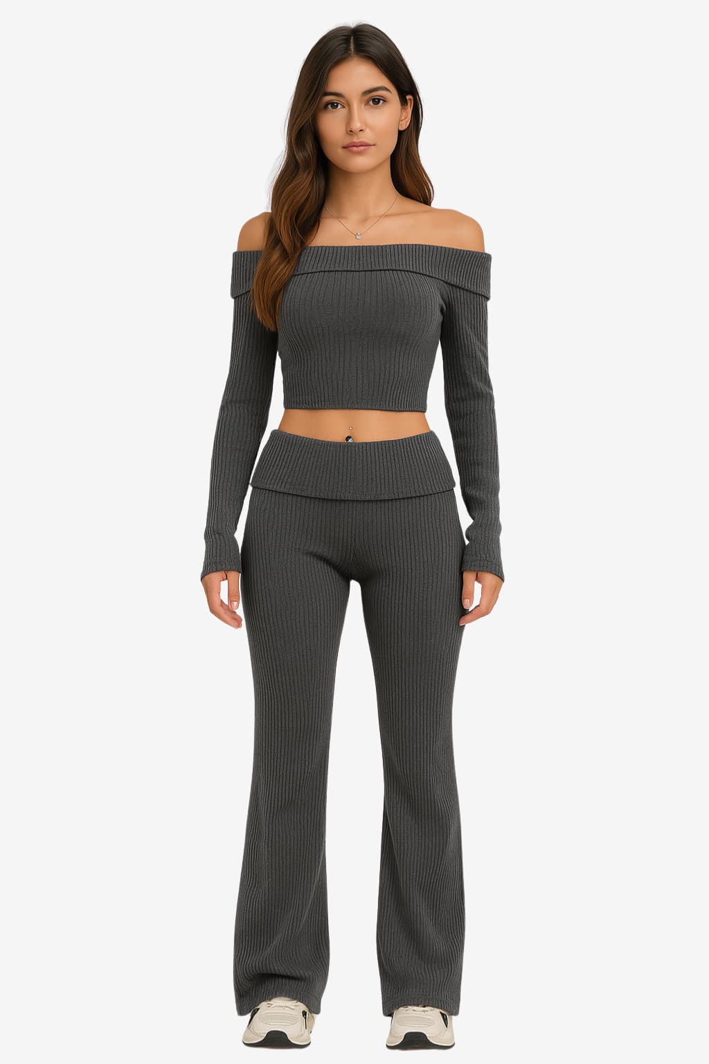 Women's Off-Shoulder Crop Top &amp; Flare Pants Lounge Set