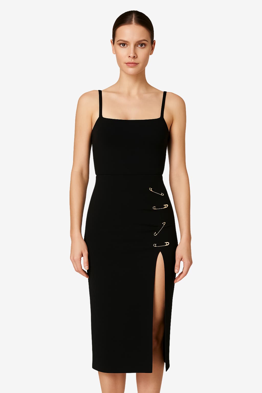 Women's Midi Skirt with Side Slit and Safety Pin Detail