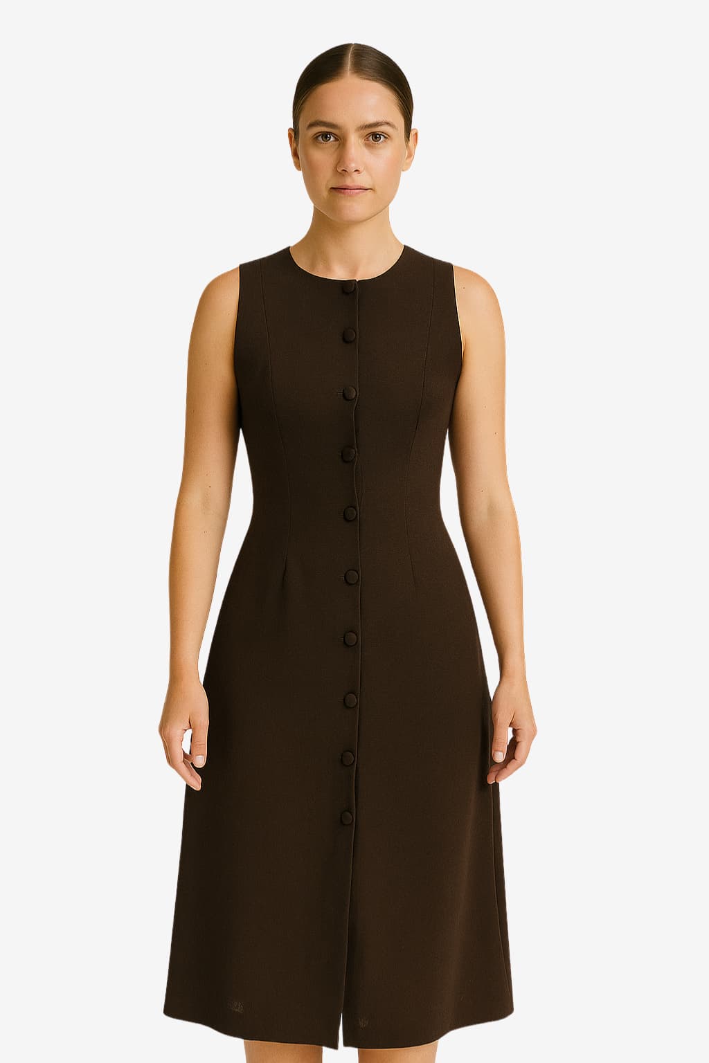 Women's Brown Sleeveless Midi Dress Fitted Button-Front