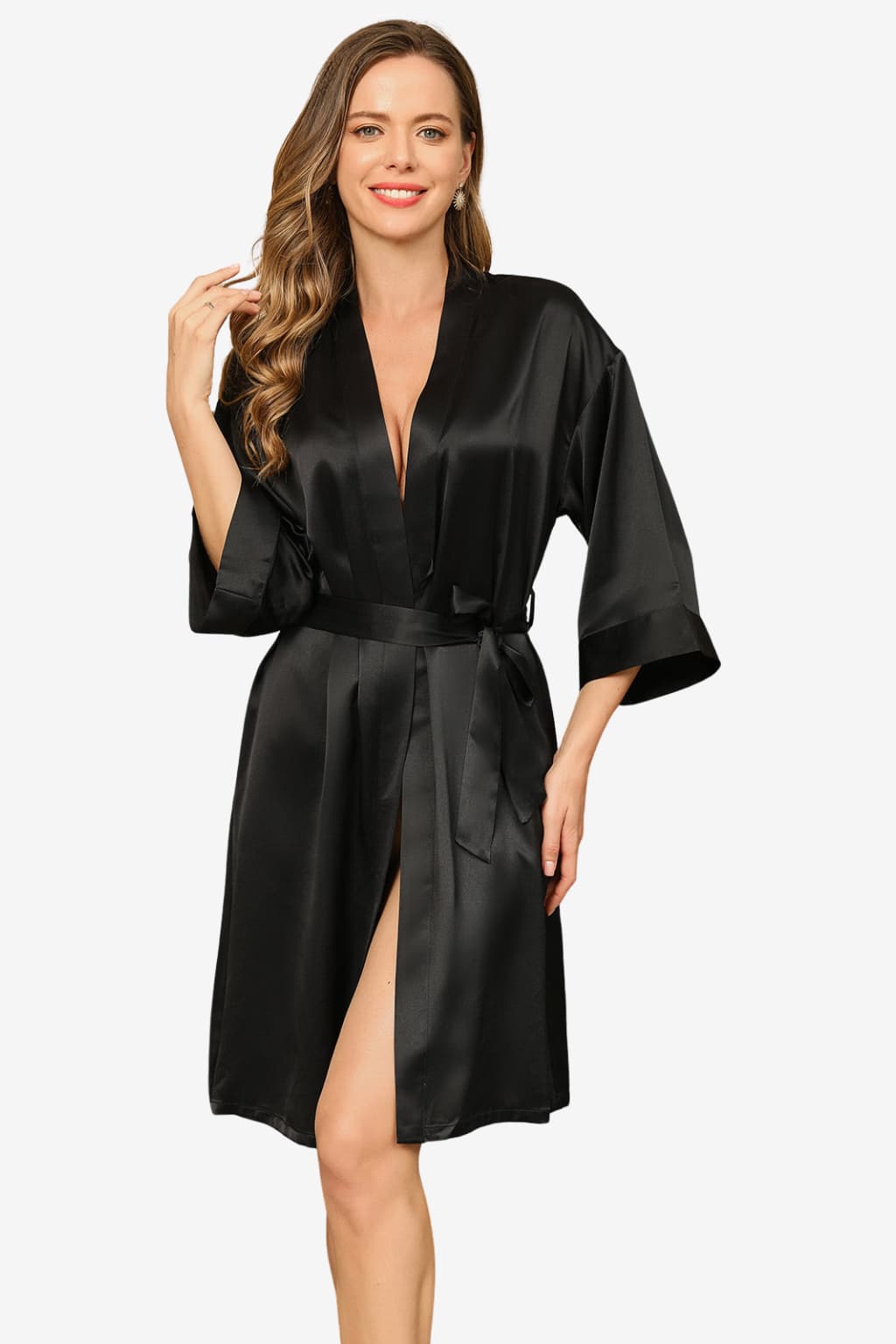 Women's Satin Short Robe with 3/4 Sleeves and Belt