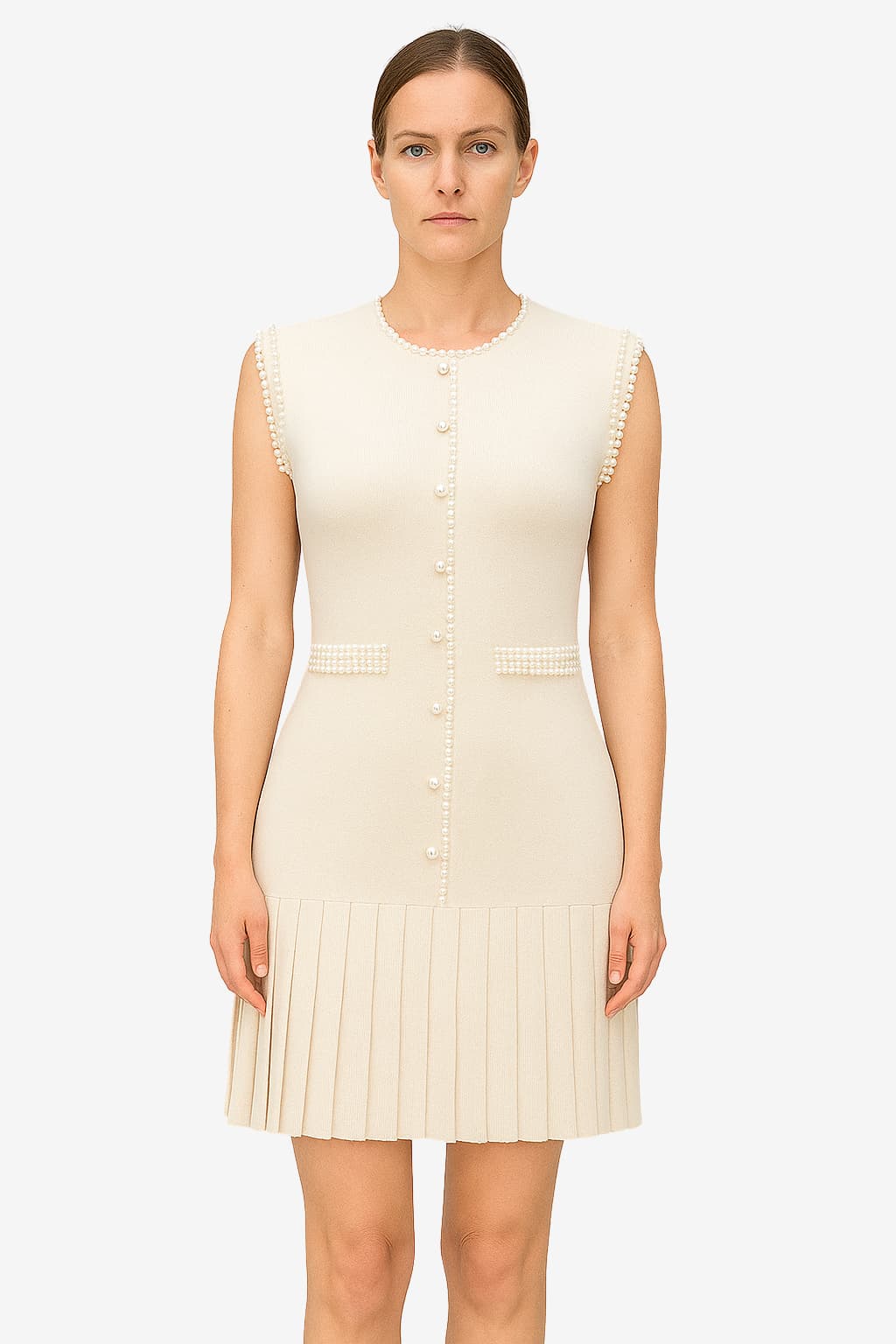 Women's Knit Sleeveless Pearl Trim Khaki Fitted Dress