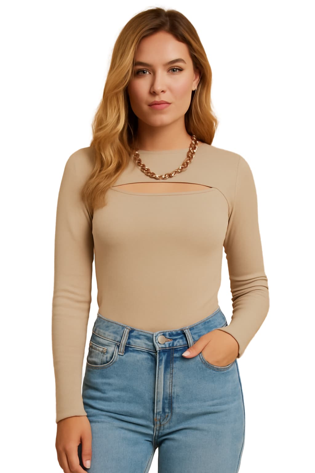 Women's Chic Long Sleeve Ribbed Top with Cutout