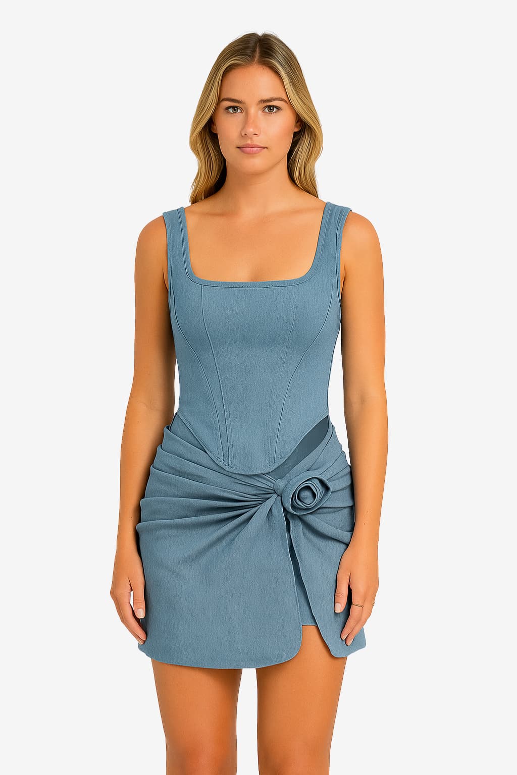 Women's Denim 3D Flower Ruffle Mini Dress