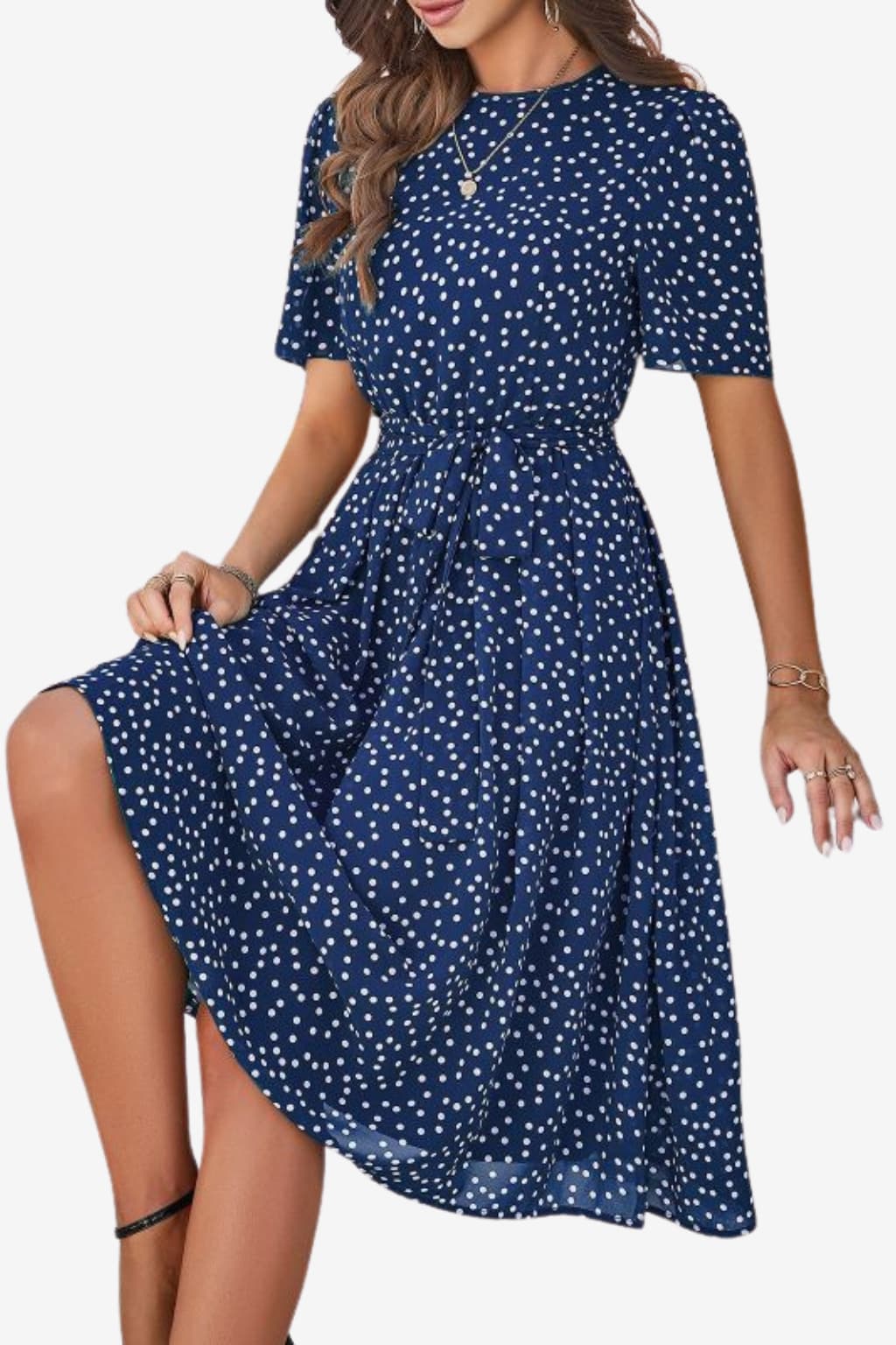Women’s Polka Dot Midi Dress Short Sleeve Tie Waist