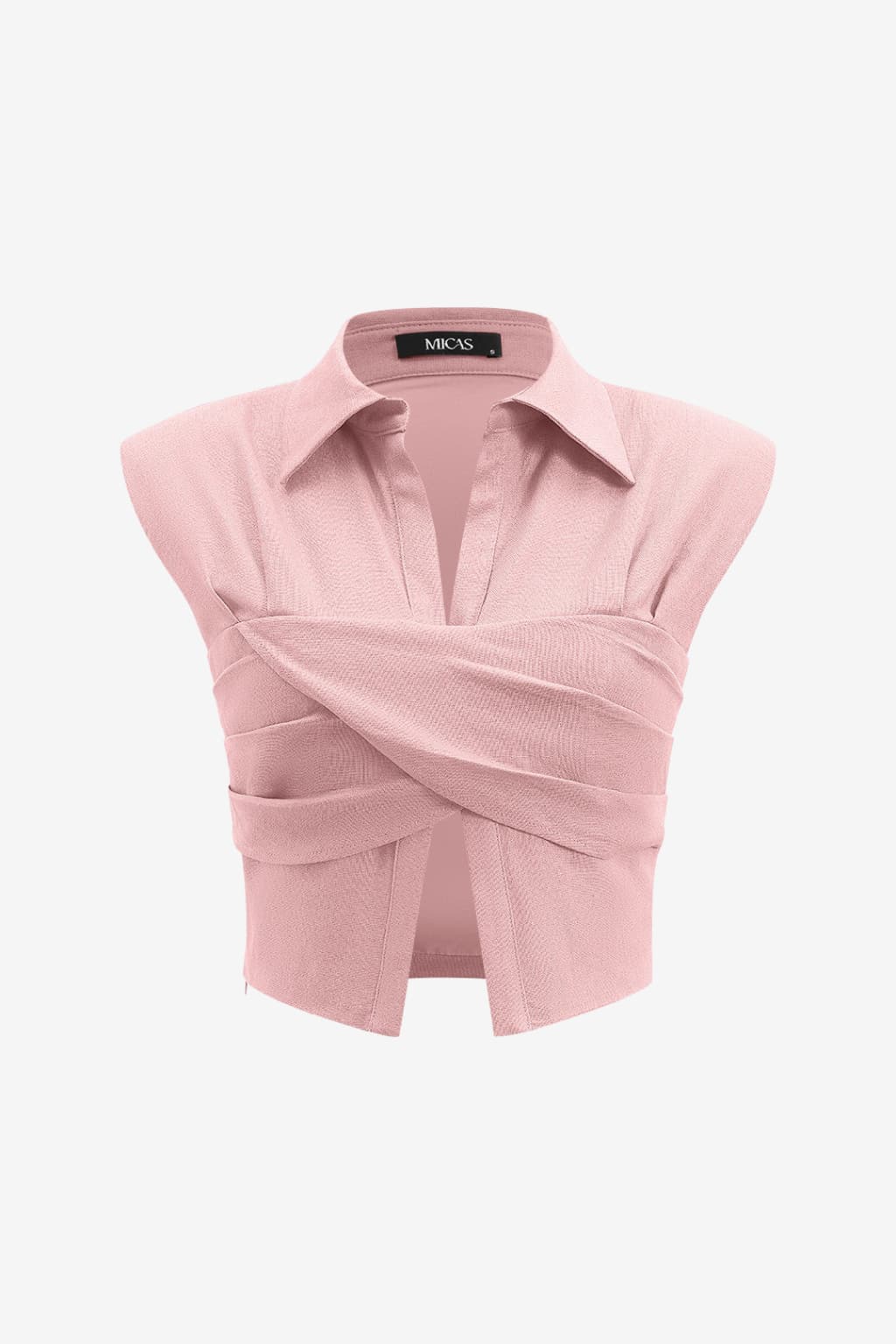 Women’s Linen Ruched Wrap Crop Top Sleeveless Collared