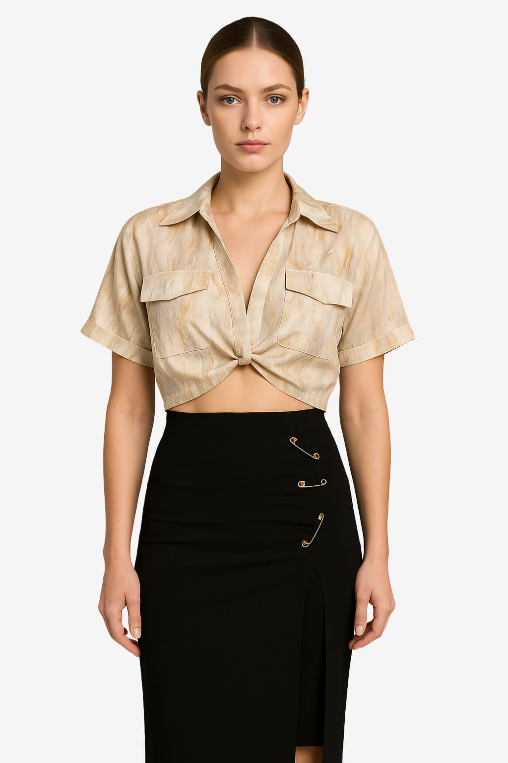 Women's Marble Print Cropped Shirt, Short Sleeve, Tie Front