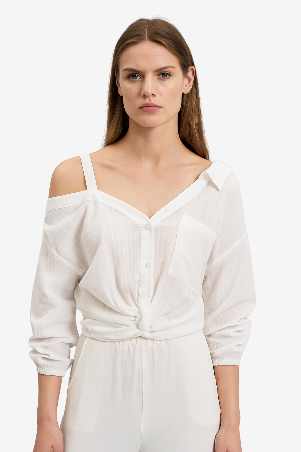 Women's Off-Shoulder Long-Sleeve Casual Shirt with Tie-Front