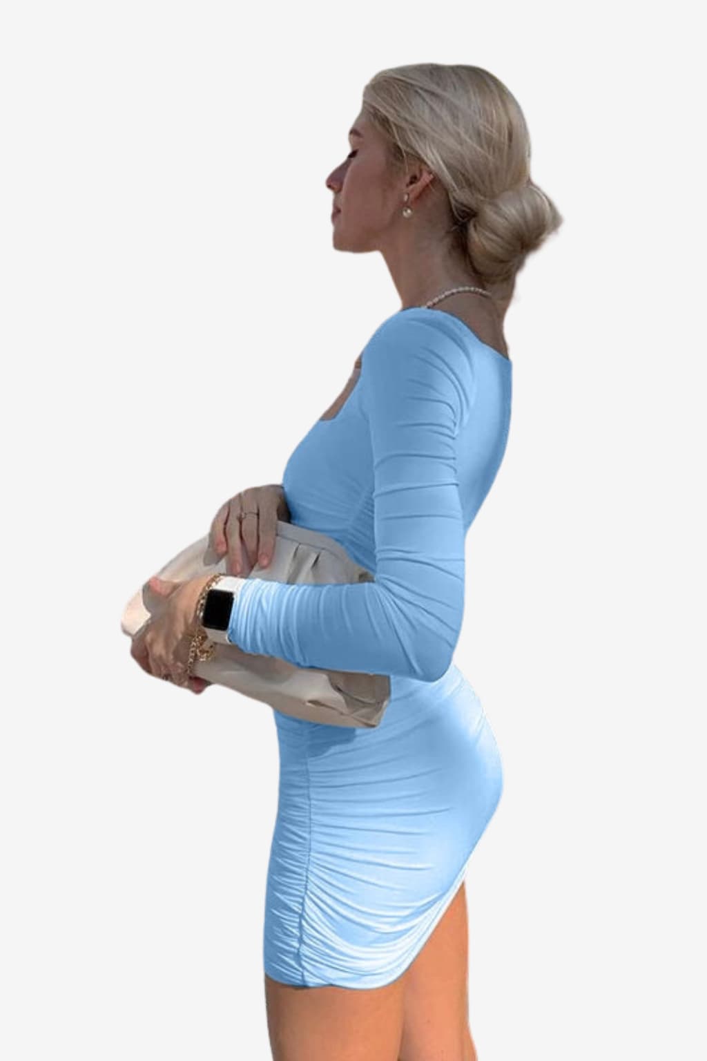 Women’s White Bodycon Mini Dress Long Sleeve Ruched