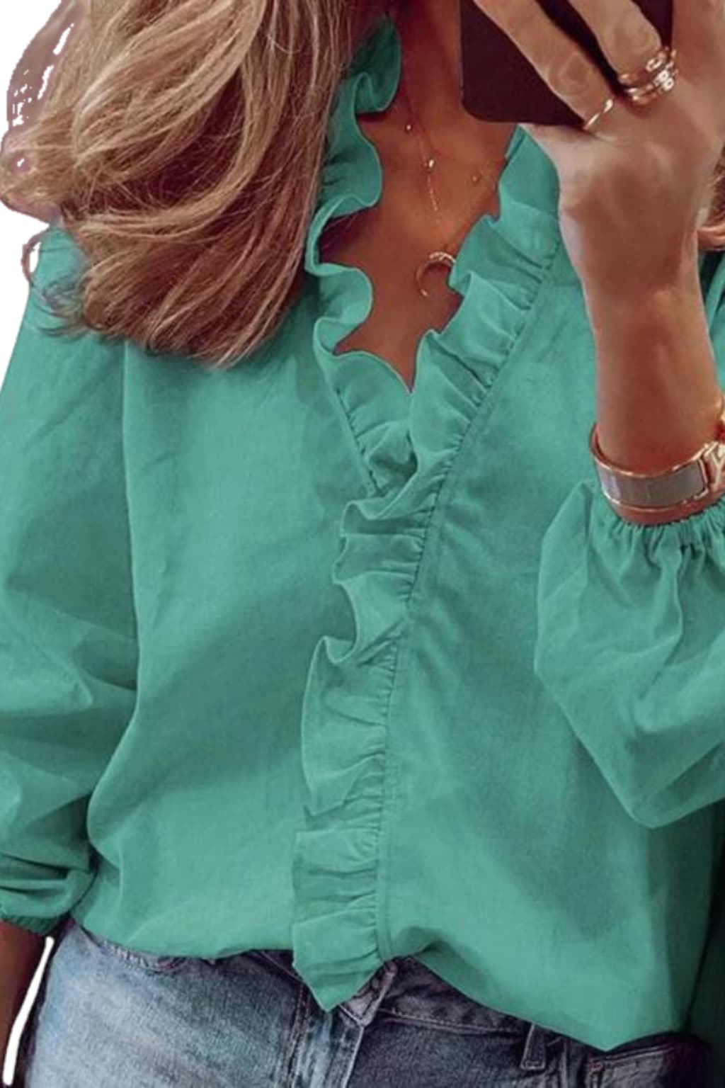 Women’s Ruffled V-Neck Blouse with Puff Long Sleeves