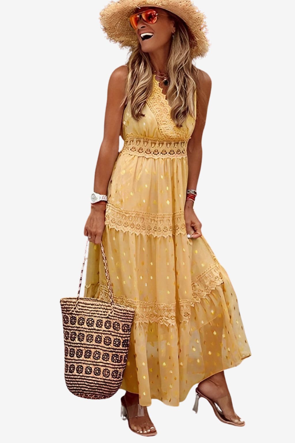 Women’s Sleeveless Boho Maxi Dress with Lace Detail