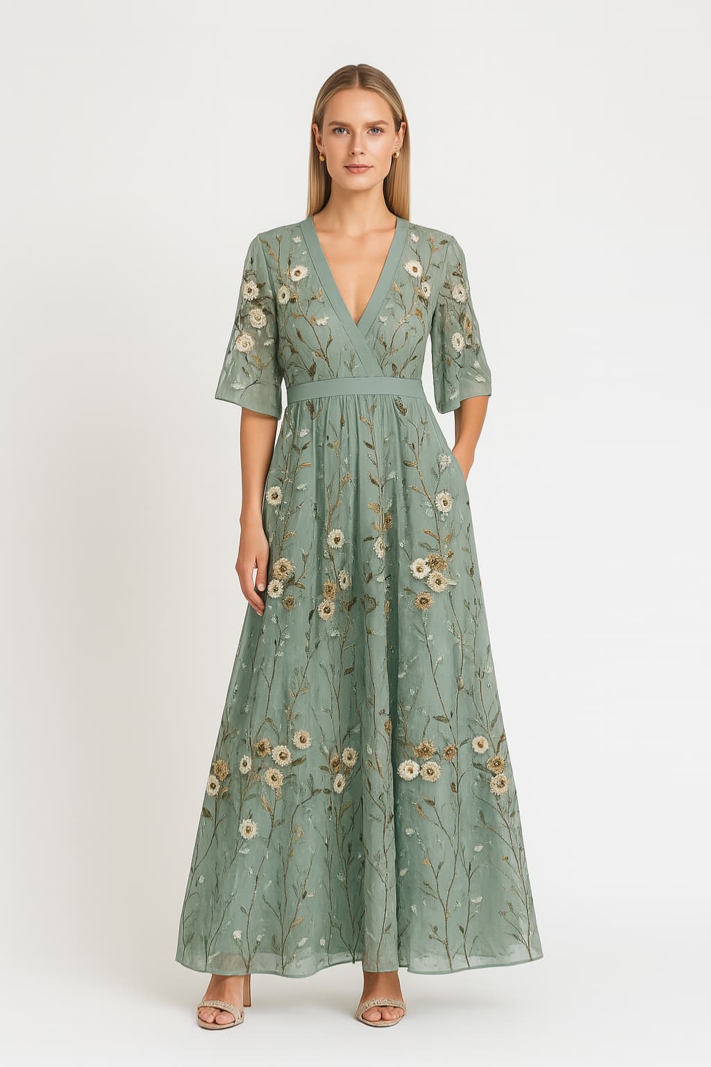 Women's Floral V-Neck Maxi Dress A-Line Fit Light Blue