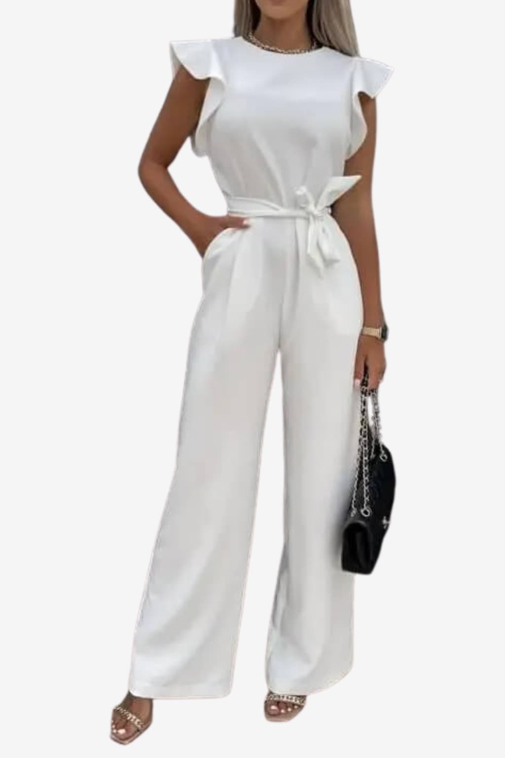 Women’s Wide Leg Jumpsuit with Belt and Cap Sleeves