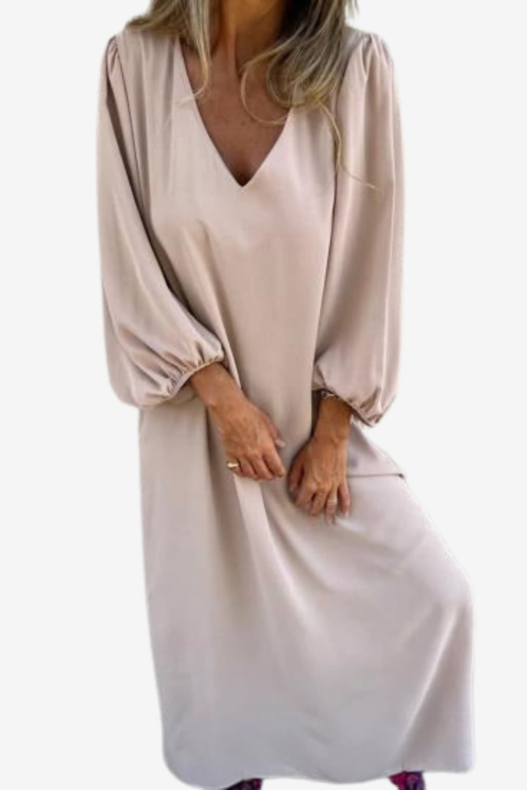Women’s V-Neck Maxi Dress Balloon Sleeve Flowy Fit