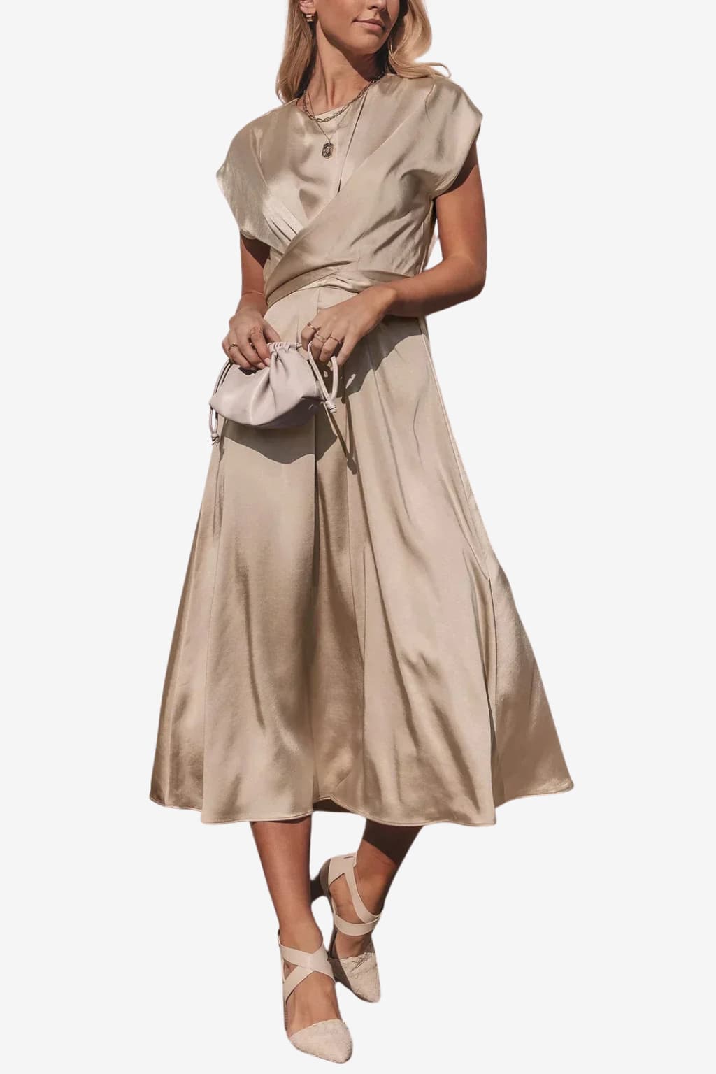 Women’s Satin Midi Dress Asymmetric Neckline Flowy Fit
