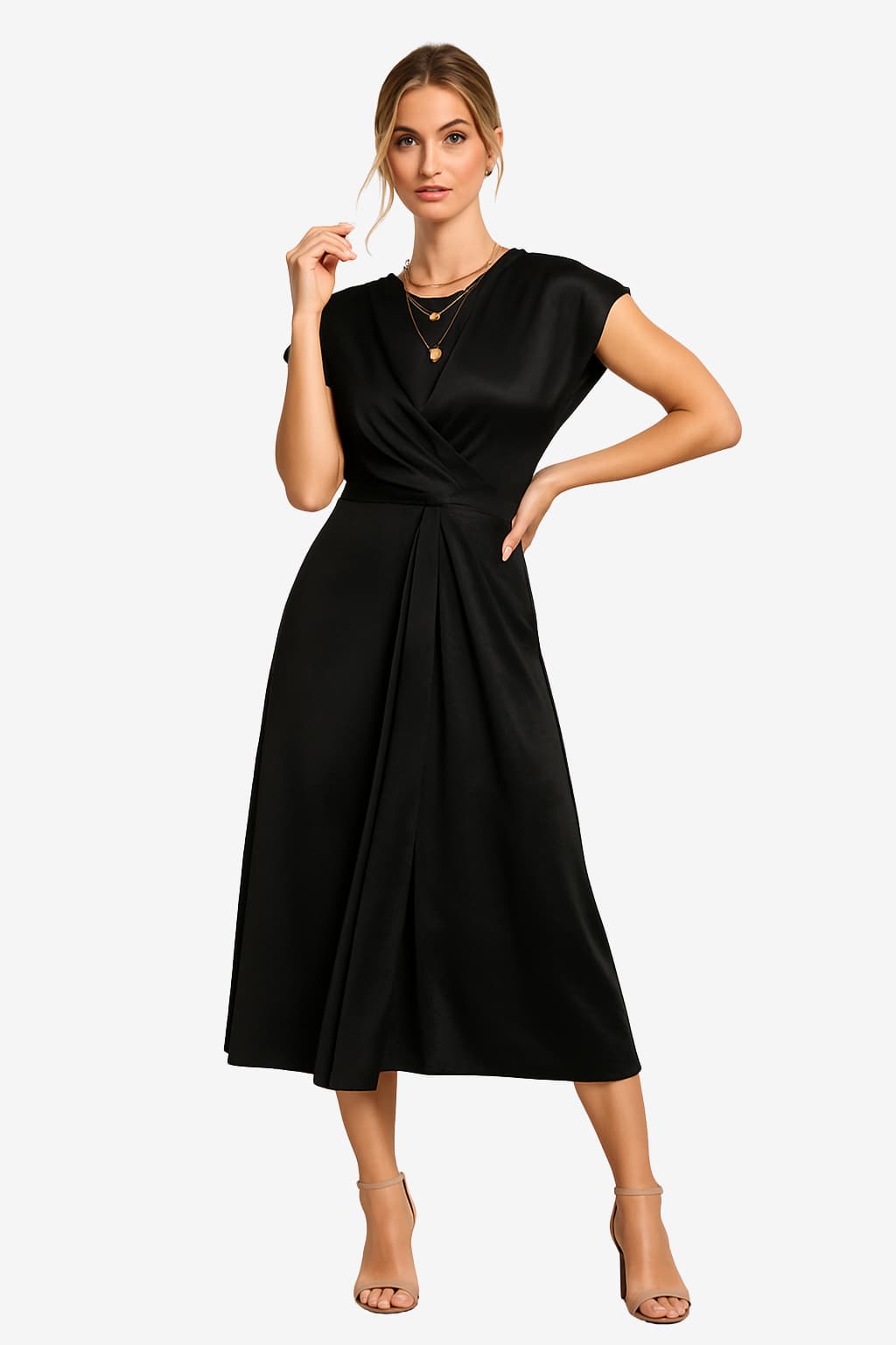 Women’s Satin Midi Dress Asymmetric Neckline Flowy Fit