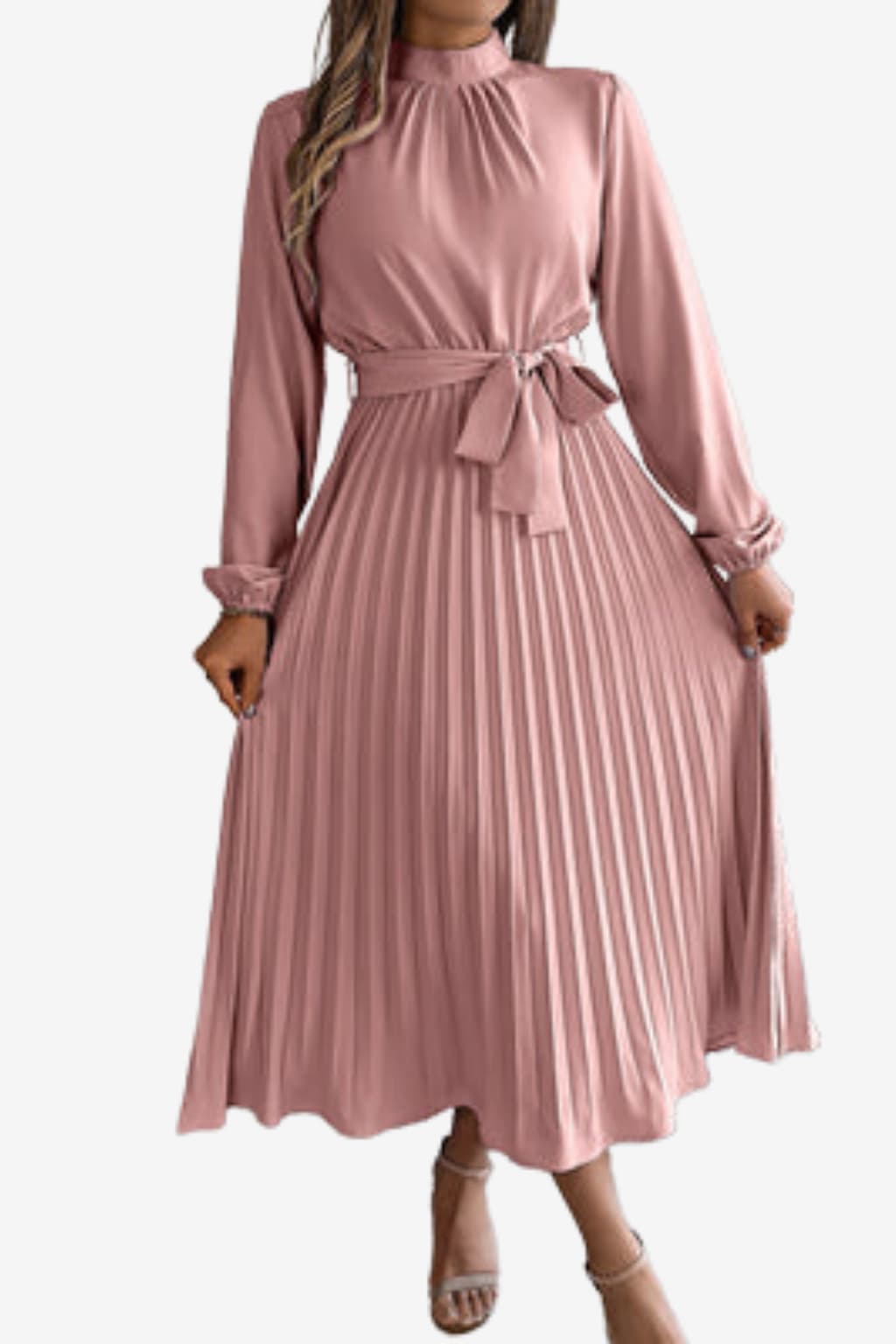 Women’s Long Sleeve Pleated Midi Dress with Belt