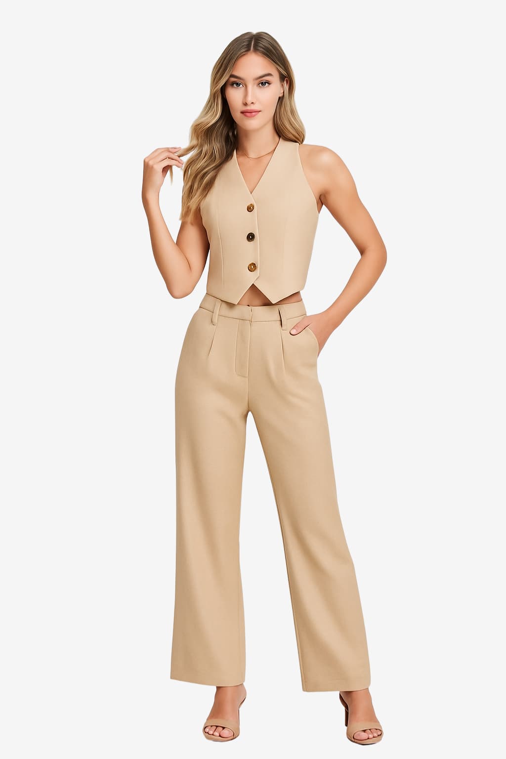 Women's Beige Sleeveless Vest and Wide-Leg Trousers Set