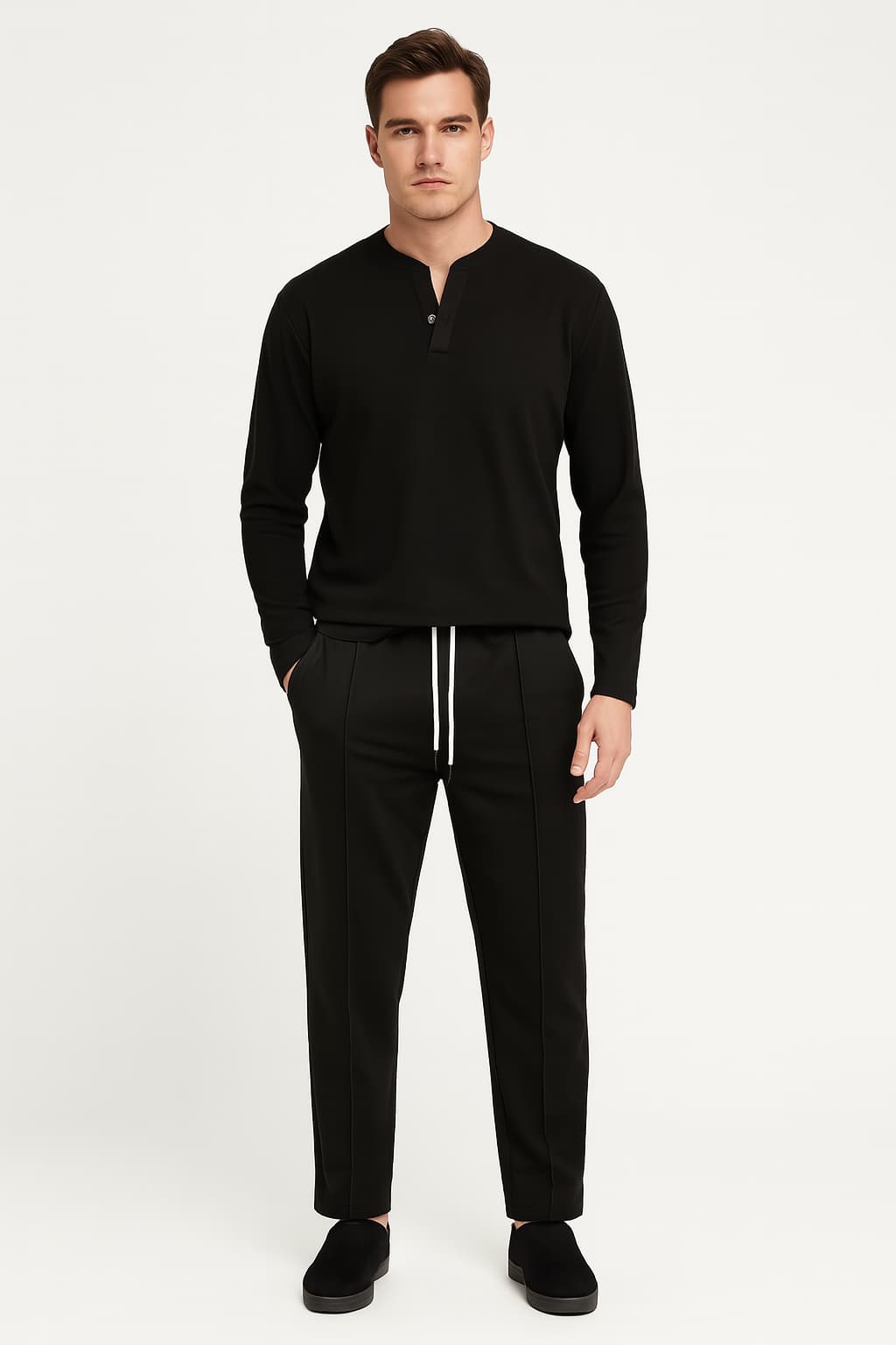 Men's Beige 2-Piece Knit Set - Long-Sleeve Sweater &amp; Drawstring Trousers