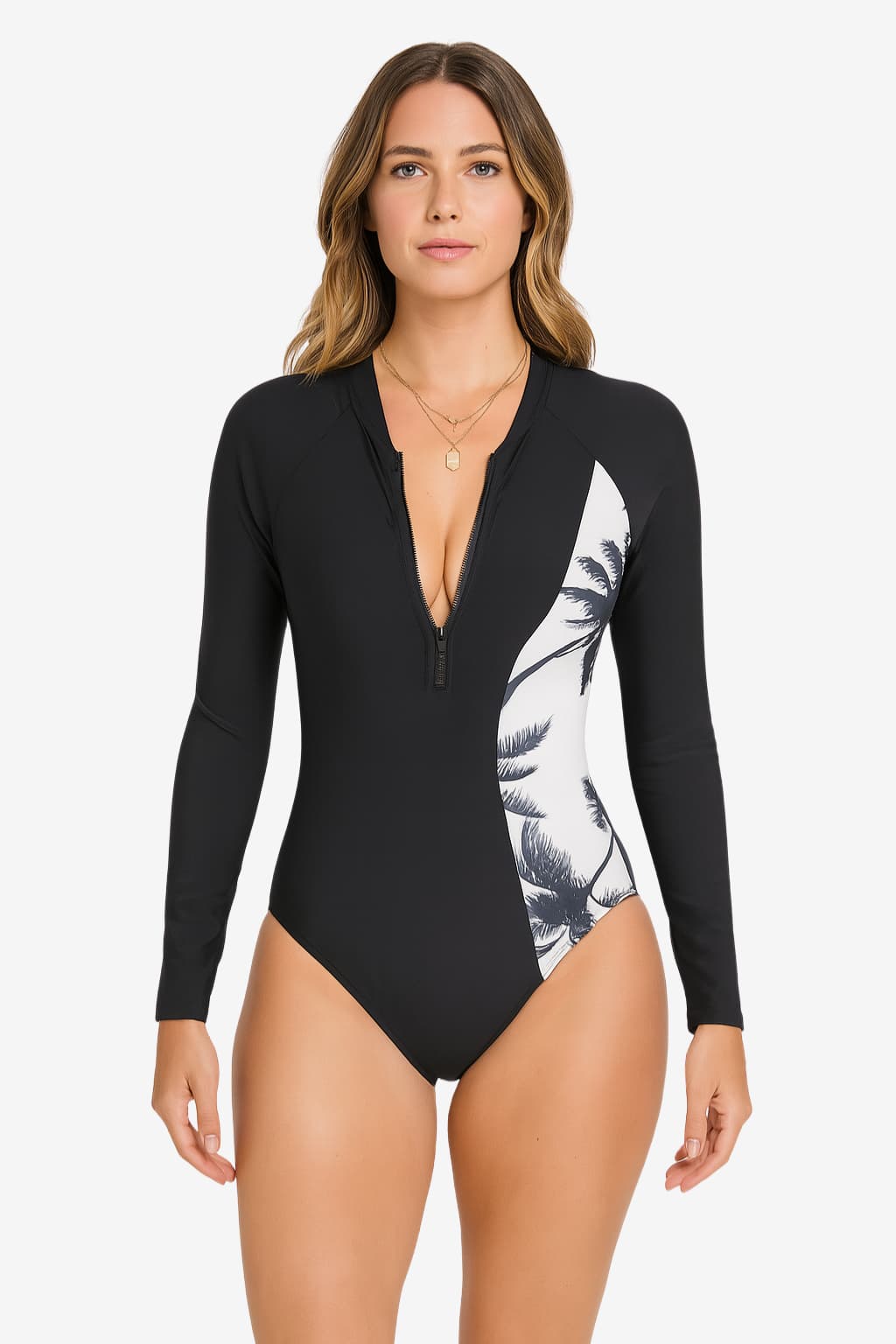 Women's Long Sleeve Swimsuit with Zipper and Palm Print