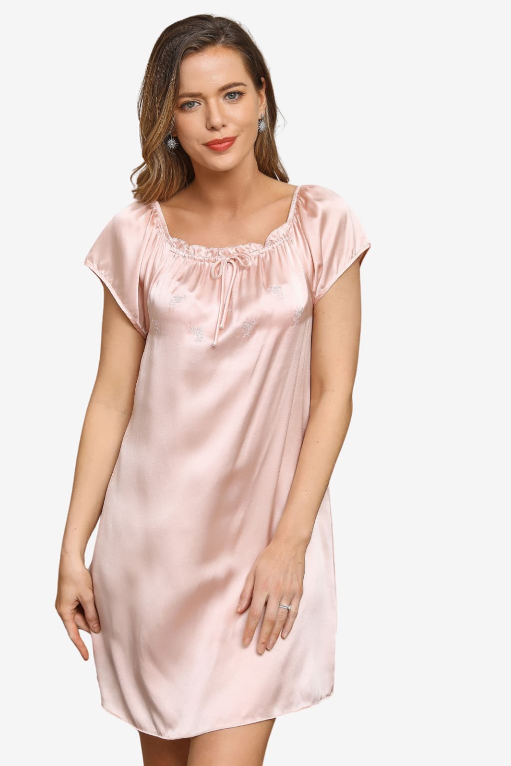 Women's Satin Short Sleeve Nightgown with Tie Neckline