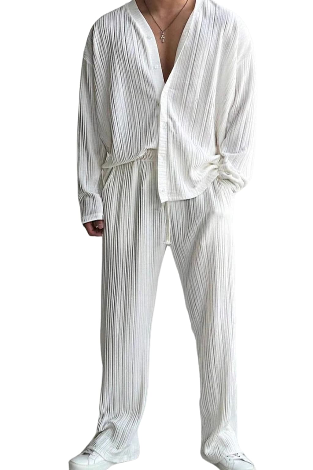 Men's Pleated Lounge Set - Long Sleeve Shirt &amp;Elastic Waist Trousers