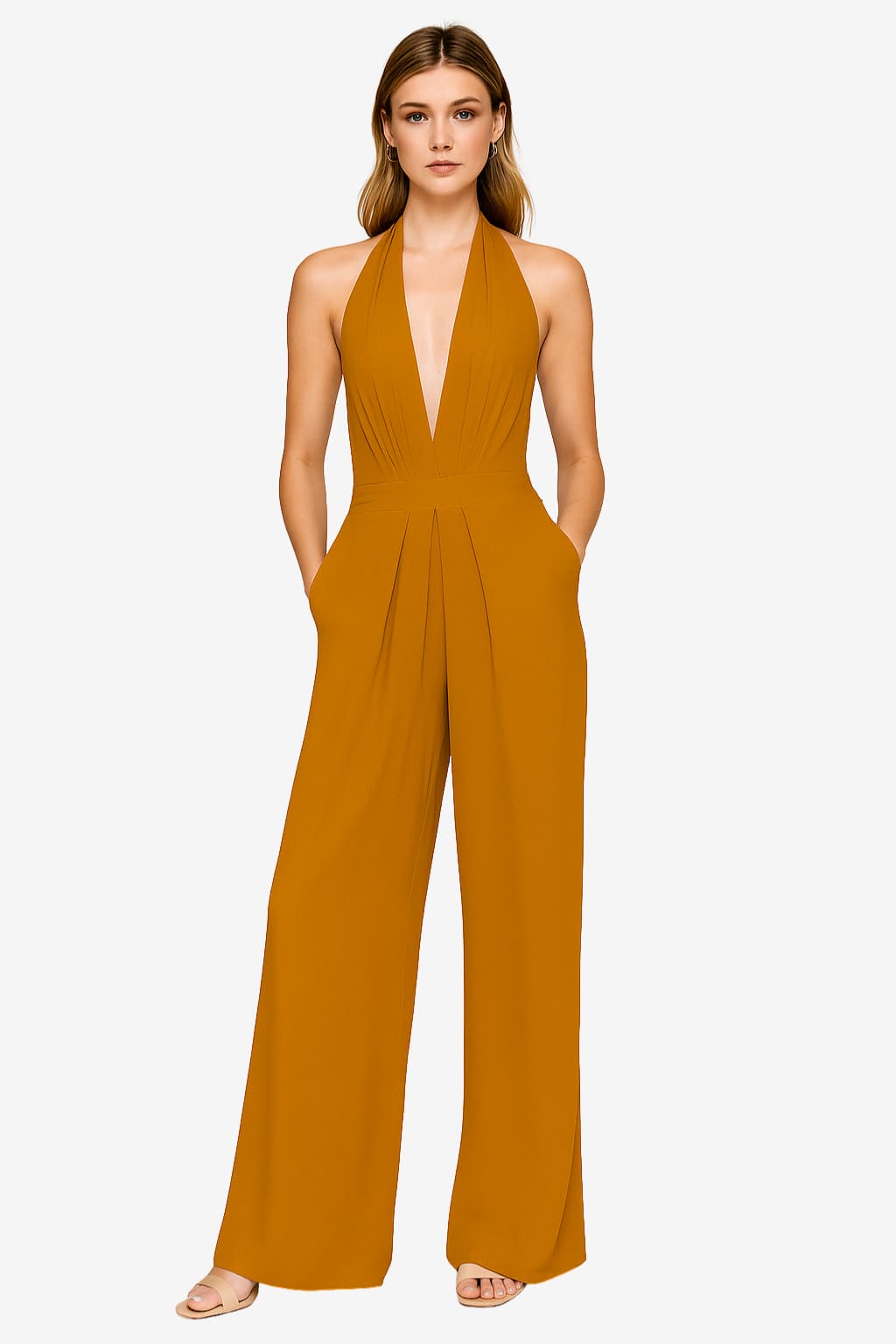 Women's Halter Neck Wide Leg Jumpsuit with Belt