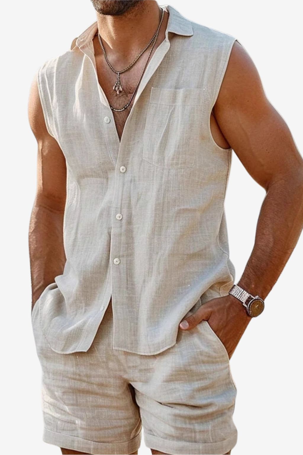 Men’s Sleeveless Cotton Linen Shirt Set Casual Summer