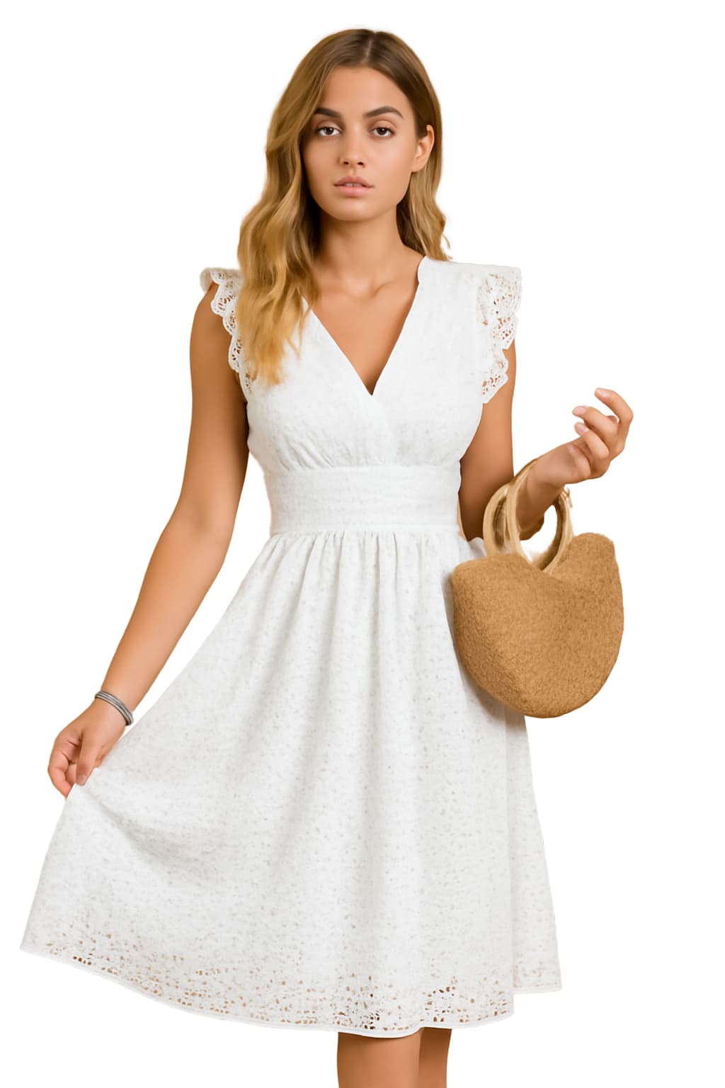 Women's White Eyelet Embroidered Sleeveless Midi Dress