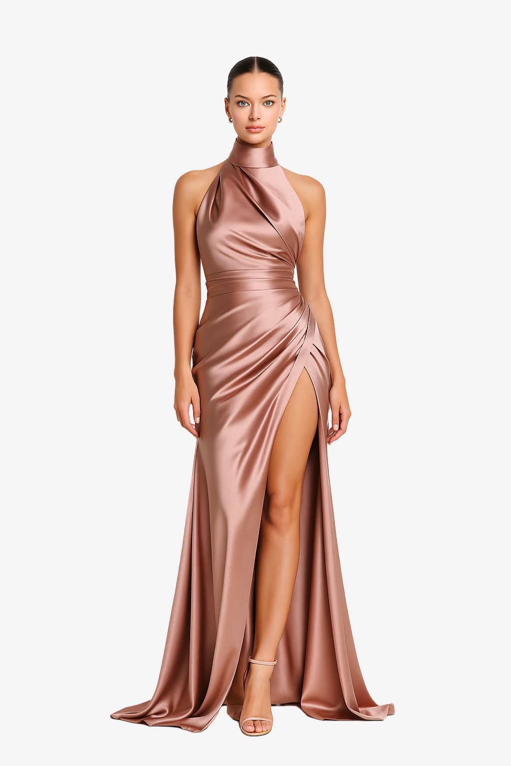 Women’s Satin Evening Dress with Slit and High Neck