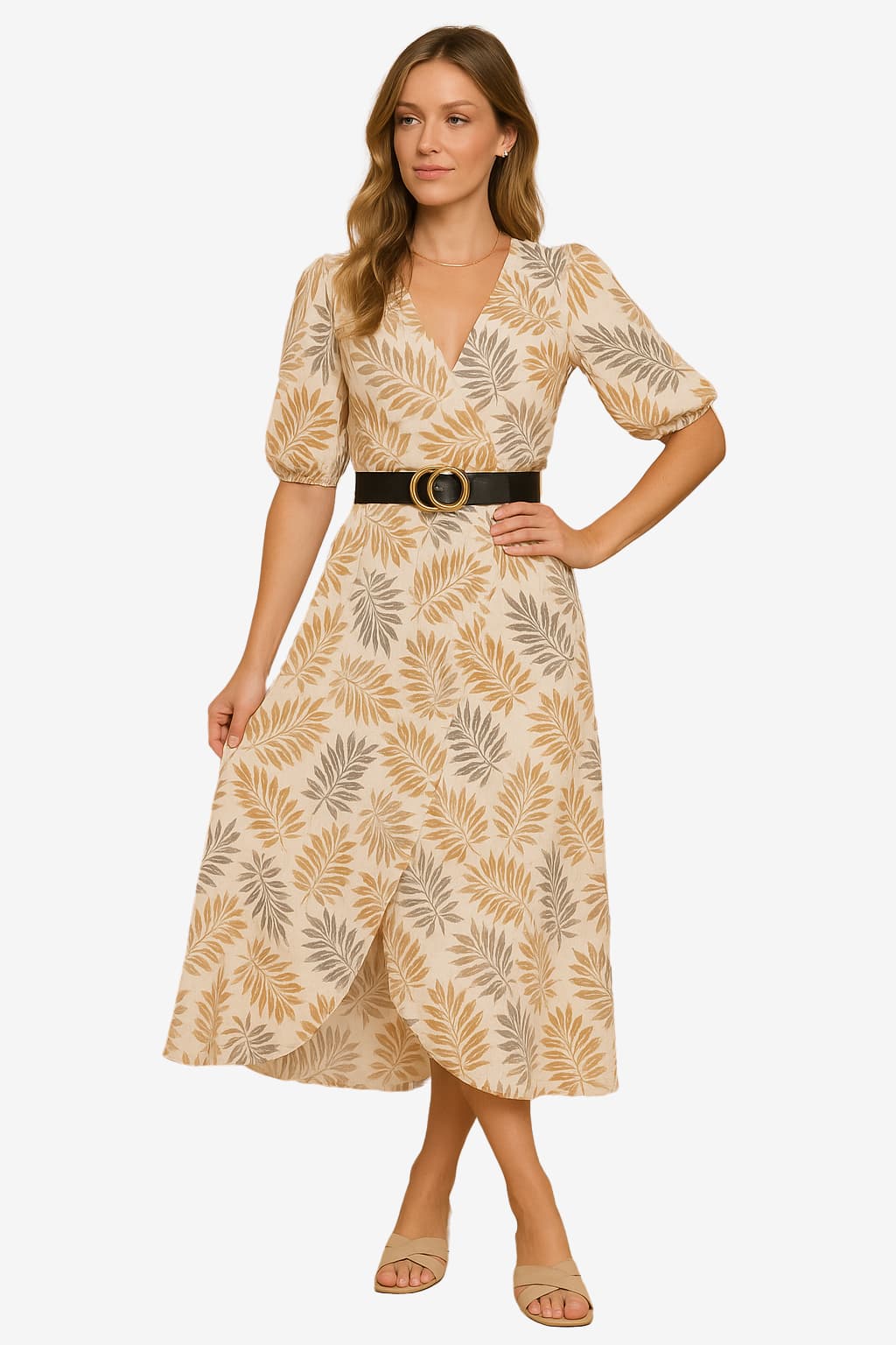 Women's Leaf Print V-Neck Maxi Dress with Belt