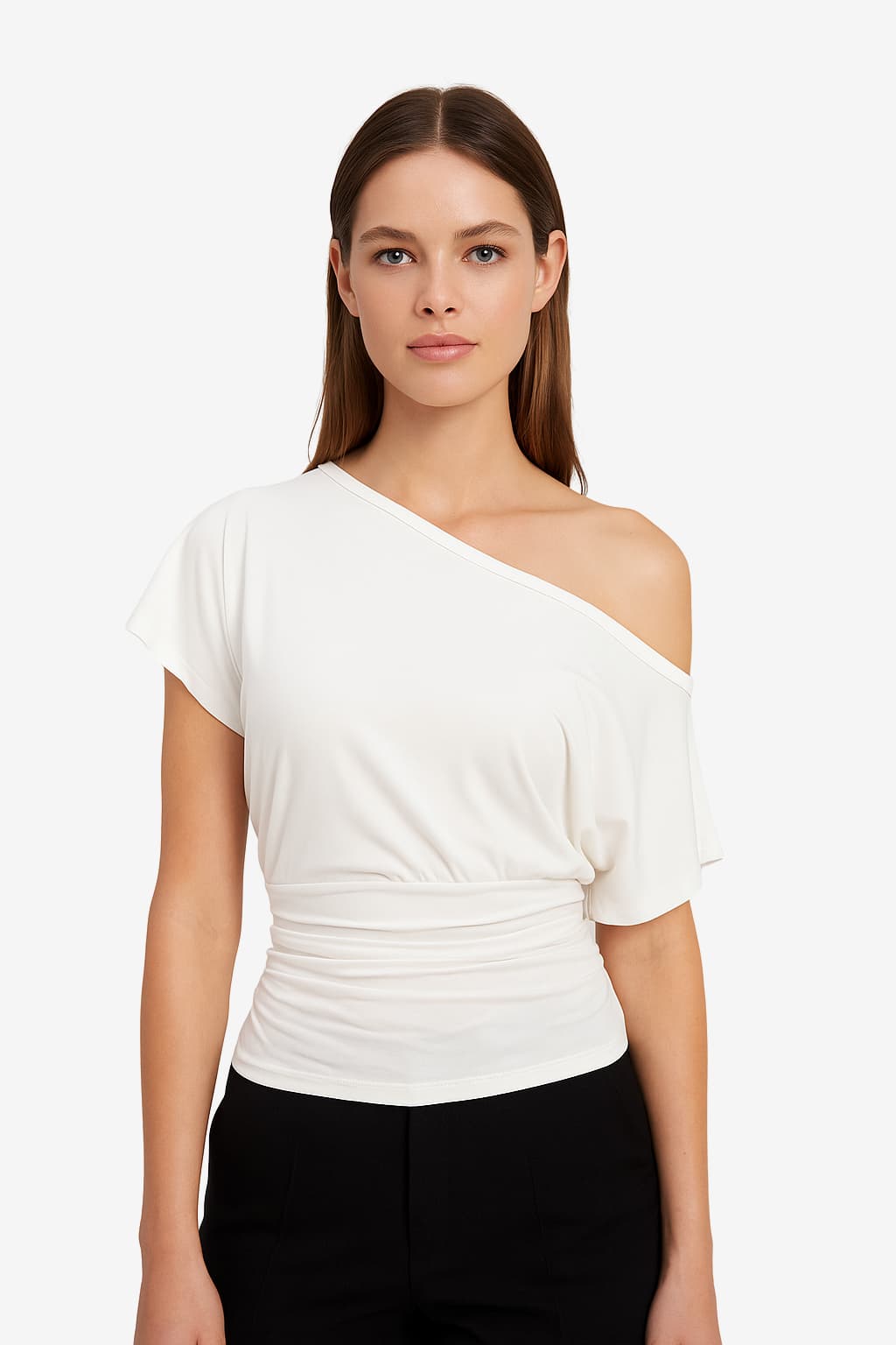 Women's One-Shoulder Short Sleeve White Jersey Top, Fitted, Casual