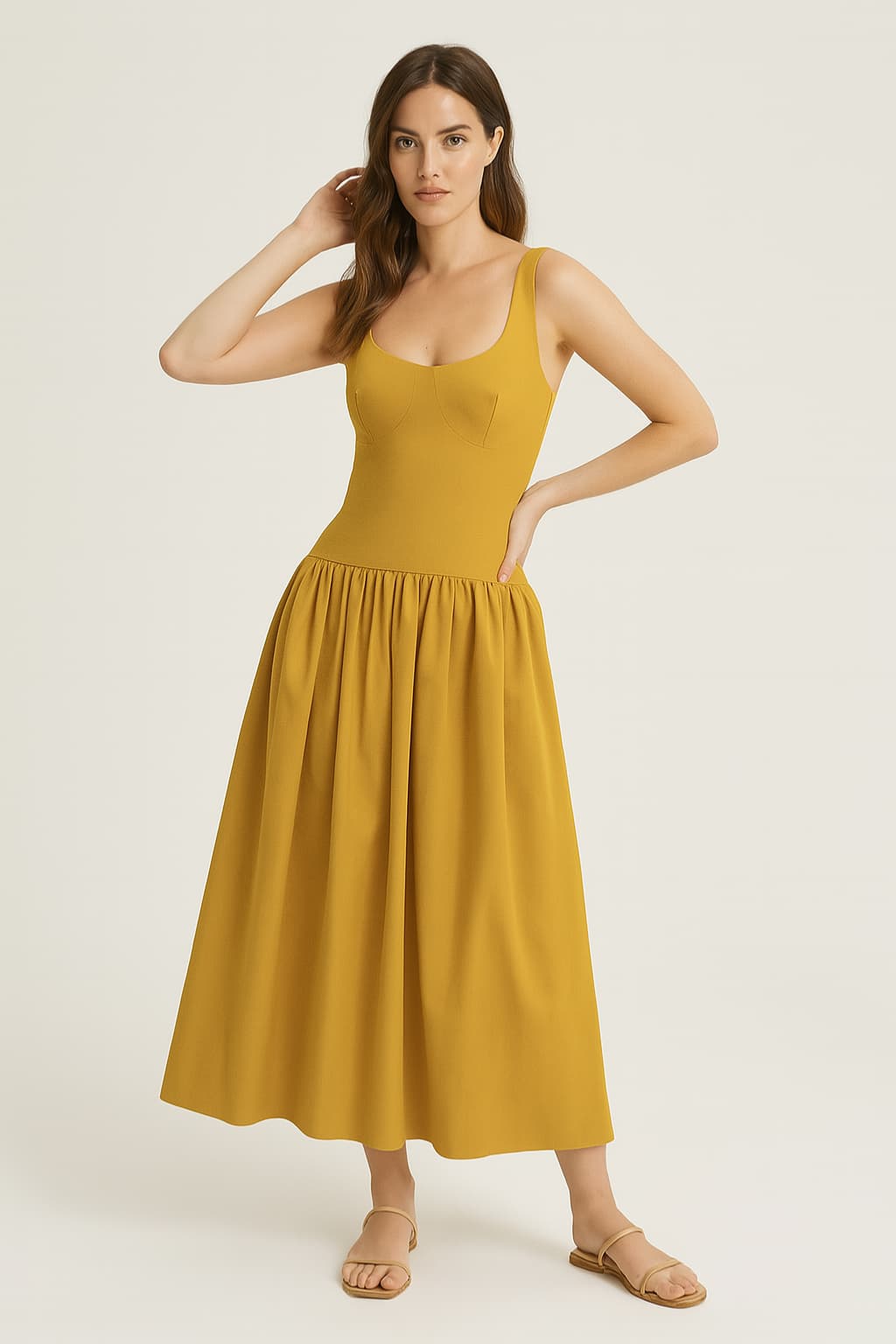 Women's Mustard Yellow Sleeveless Midi Dress Scoop Neck