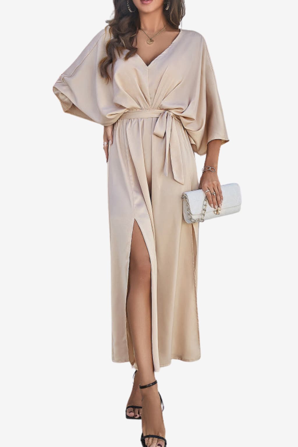 Women's Maxi Dress with V-Neck, Tie Waist, and High Slit