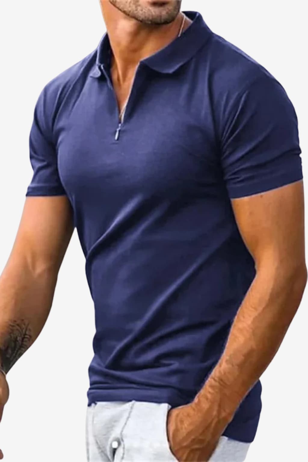 Men's Short-Sleeve Navy Polo Shirt with Zip Collar