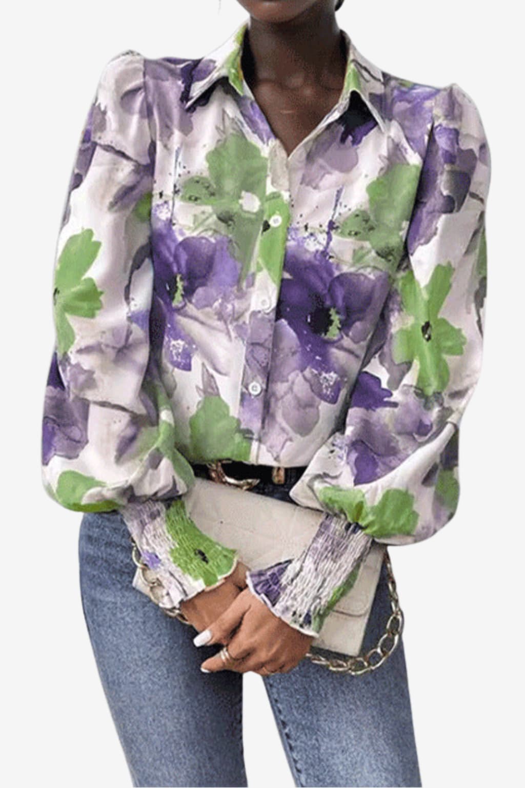 Women’s Floral Button Shirt Puff Sleeve Oversized Fit