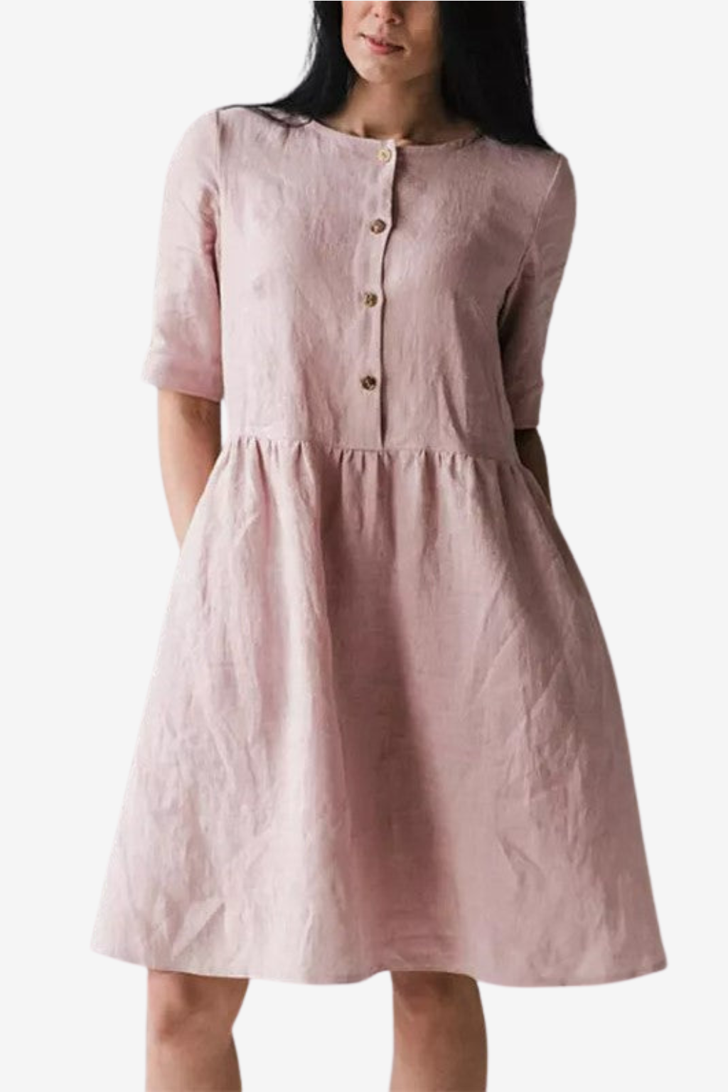 Women's Cotton Linen Midi Dress - Relaxed Fit Short Sleeve with Pockets &amp; Buttons